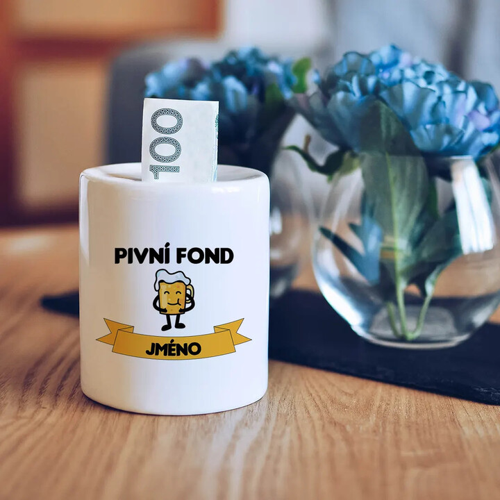 Edytuj: Pivní fond + jméno - keramická pokladnička s potiskem