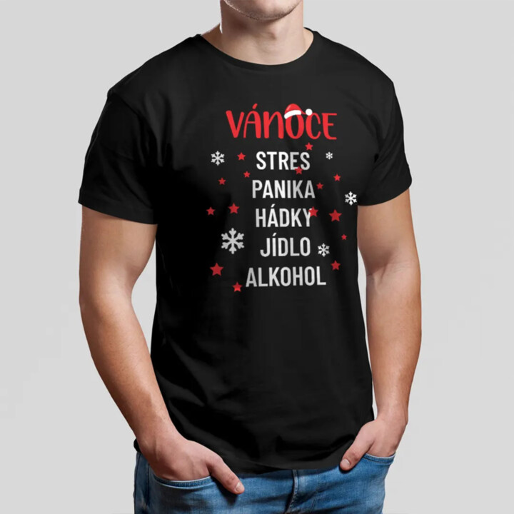 Vánoce - stres, panika, hádky, jídlo, alkohol - pánské tričko s potiskem