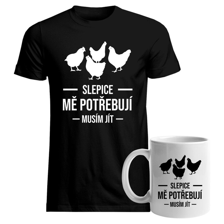 Komplet pro chovatele slepic - Slepice mě potřebují - trička a hrnek s potiskem