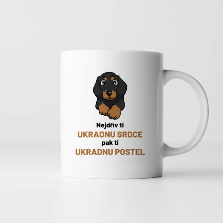 Nejdřív ti ukradnu srdce, pak ti ukradnu postel - hrnek s potiskem