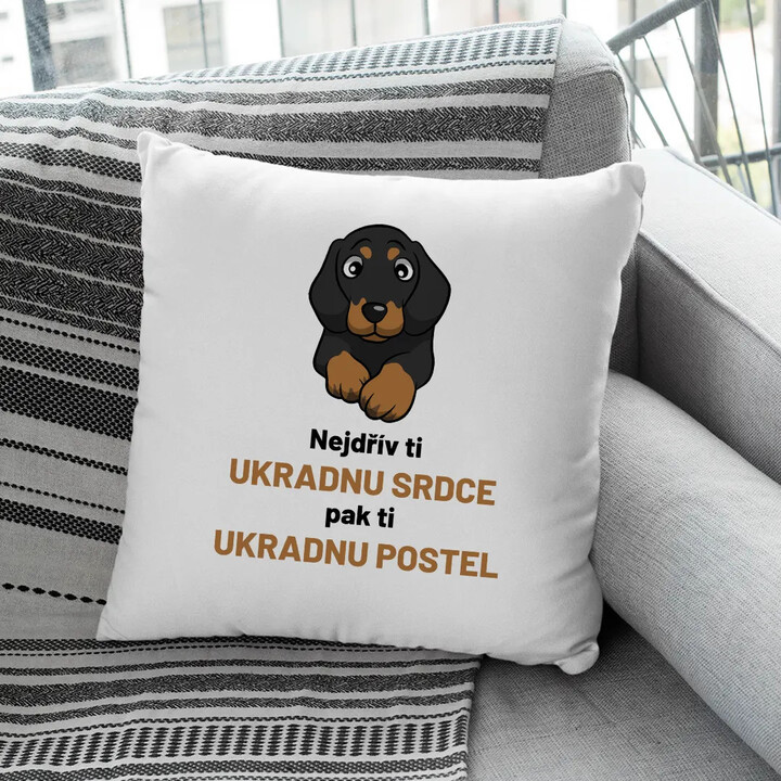 Nejdřív ti ukradnu srdce, pak ti ukradnu postel - polštář s potiskem