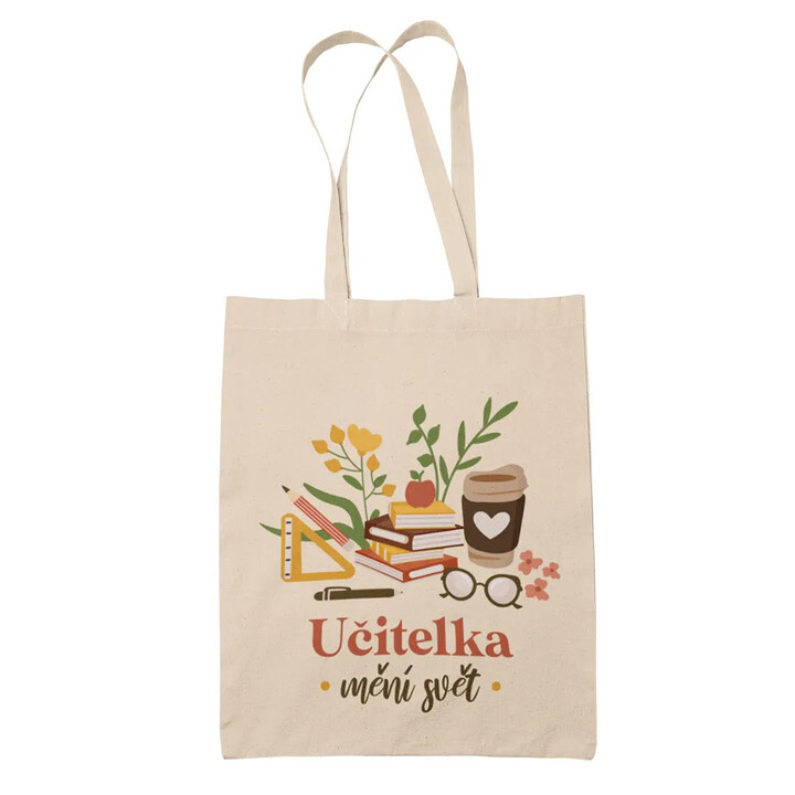 Učitelka mění svět - béžová taška s potiskem