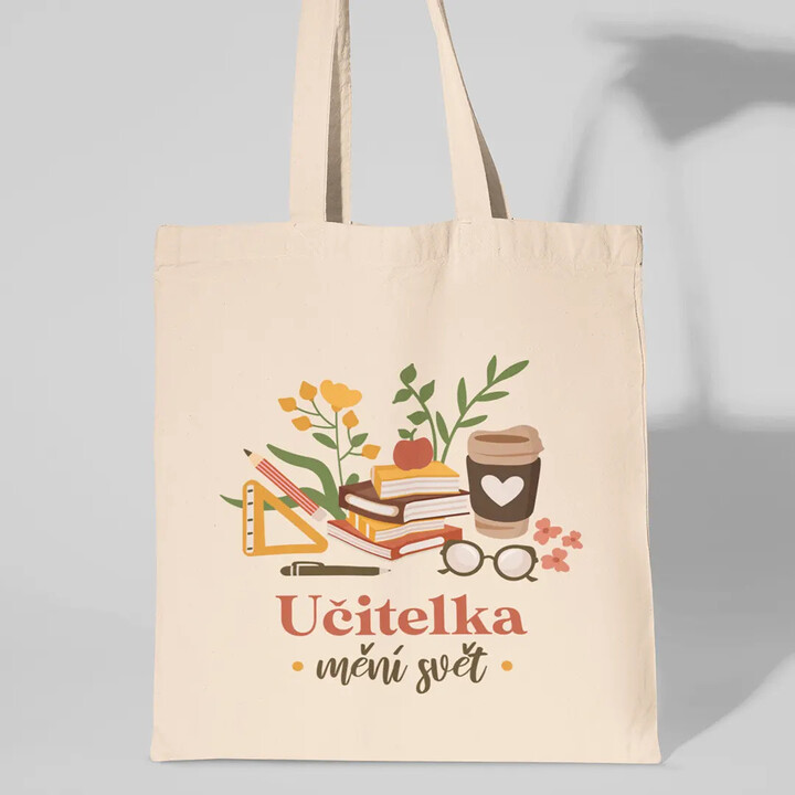 Učitelka mění svět - béžová taška s potiskem
