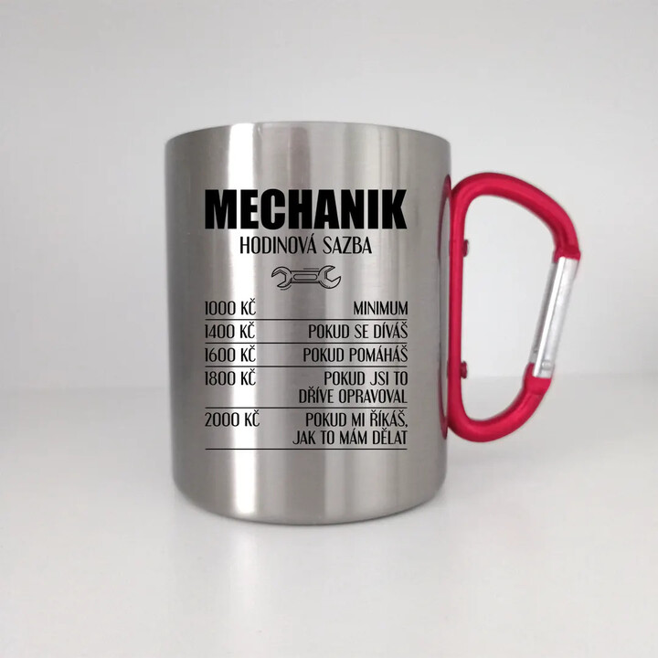 Mechanik - hodinová sazba - kovový hrnek s karabinou