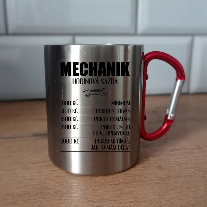 Mechanik - hodinová sazba - kovový hrnek s karabinou