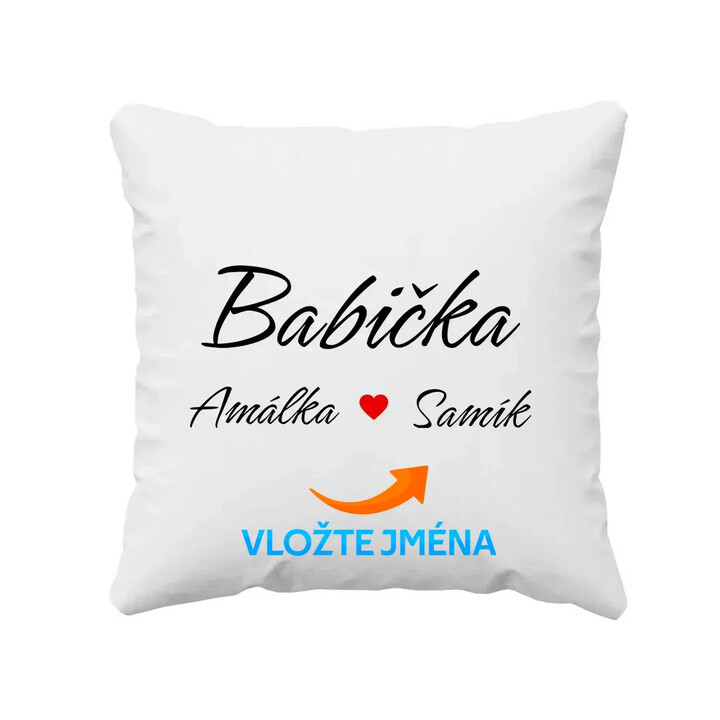 Babička + jména vnoučat - polštář s potiskem - personalizovaný produkt