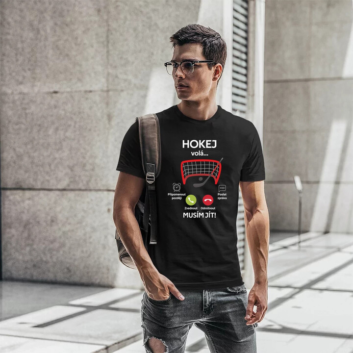 Hokej volá, musím jít! - pánské tričko s potiskem