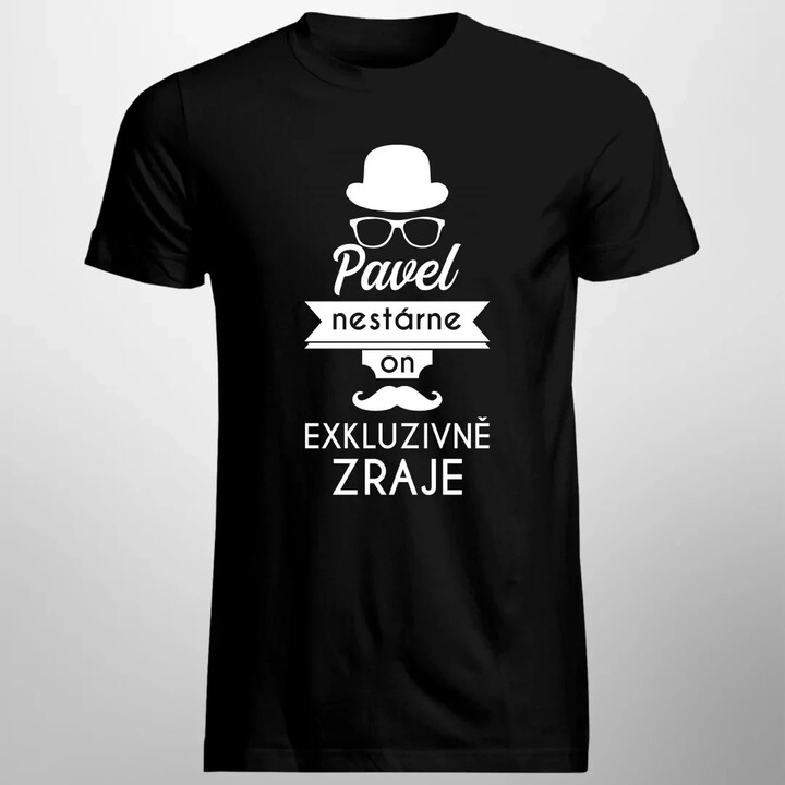 jméno. nestárne, on exkluzivně zraje - pánské tričko s potiskem - personalizovaný produkt