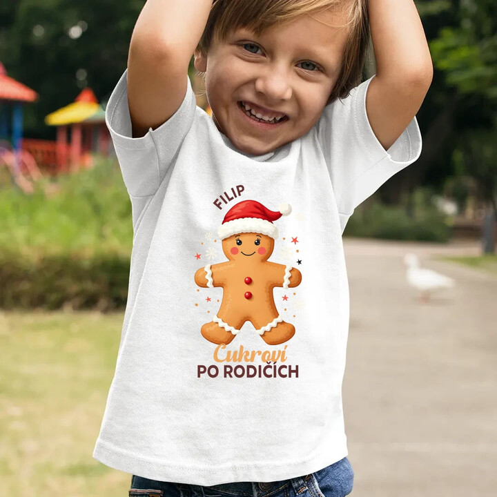Jméno - cukroví po rodičích  - dětské tričko s potiskem - personalizovaný produkt