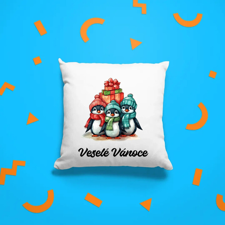 Veselé Vánoce - tučňáci - polštář s potiskem