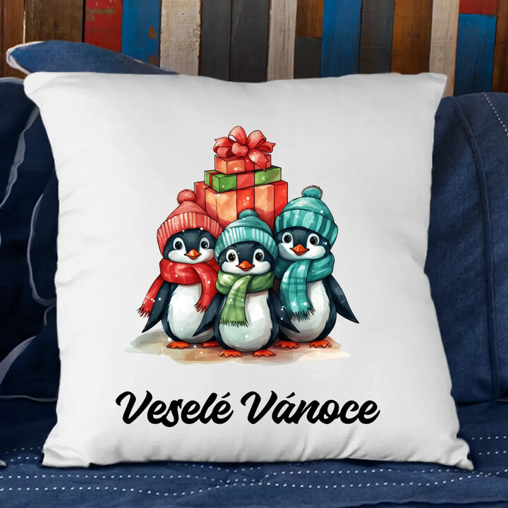 Veselé Vánoce - tučňáci - polštář s potiskem