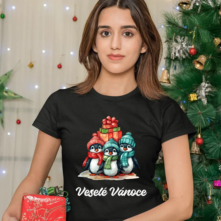 Veselé Vánoce - tučňáci  - dámské tričko s potiskem