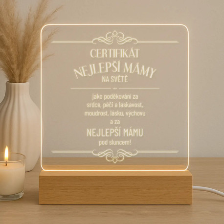 Certifikát nejlepší mámy na světě - LED lampička s gravírováním