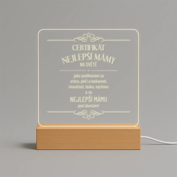Certifikát nejlepší mámy na světě - LED lampička s gravírováním