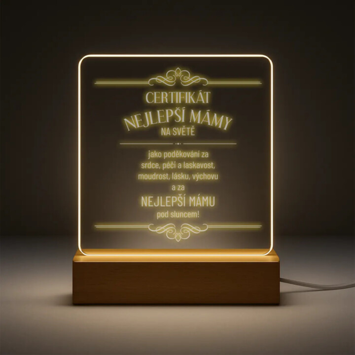 Certifikát nejlepší mámy na světě - LED lampička s gravírováním