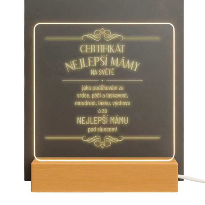 Certifikát nejlepší mámy na světě - LED lampička s gravírováním