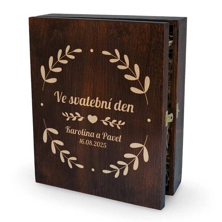 Ve svatební den (jména + datum) - gravírovaná krabička na víno s sklenicemi - personalizovaný produkt