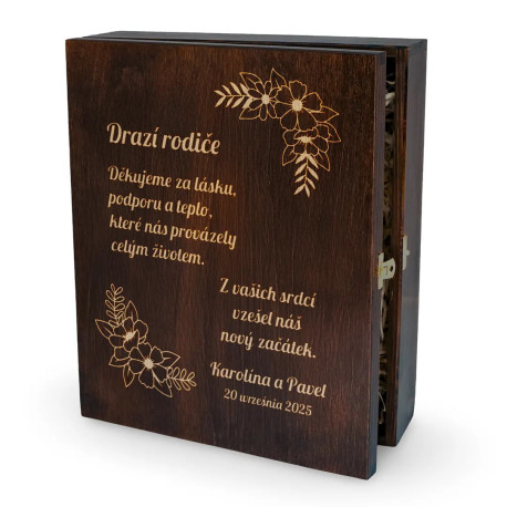 Drazí rodiče – děkujeme za lásku - gravírovaná krabička na víno s sklenicemi - personalizovaný produkt