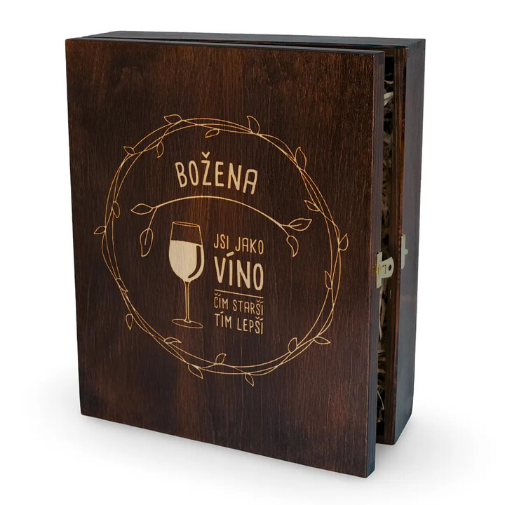 Jsi jako víno - čím starší, tím lepší  (jméno) - gravírovaná krabička na víno s sklenicemi - personalizovaný produkt