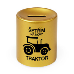 Šetřím na nový traktor - zlatá keramická pokladnička s potiskem