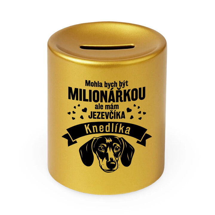 Mohla bych být milionářkou, ale mám jezevčíka (jméno) - zlatá keramická pokladnička s potiskem - personalizovaný produkt