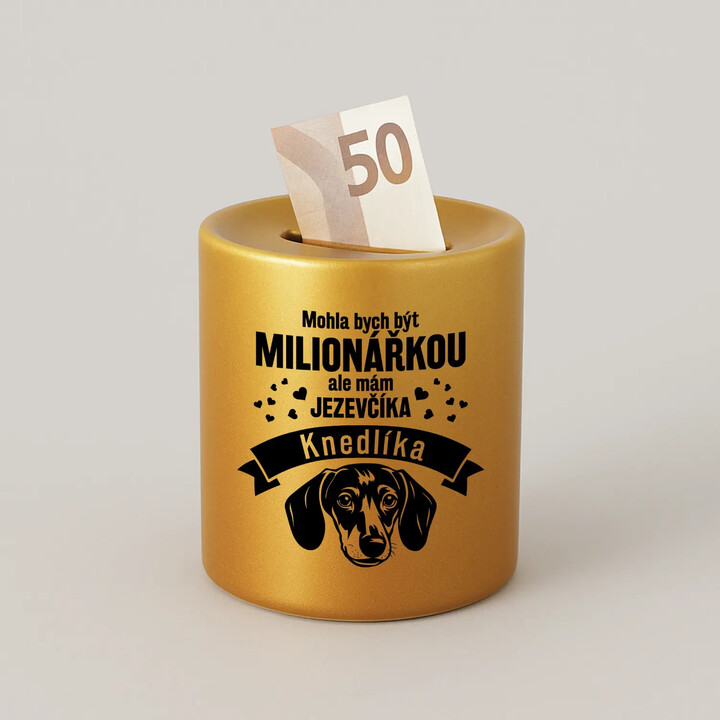 Mohla bych být milionářkou, ale mám jezevčíka (jméno) - zlatá keramická pokladnička s potiskem - personalizovaný produkt