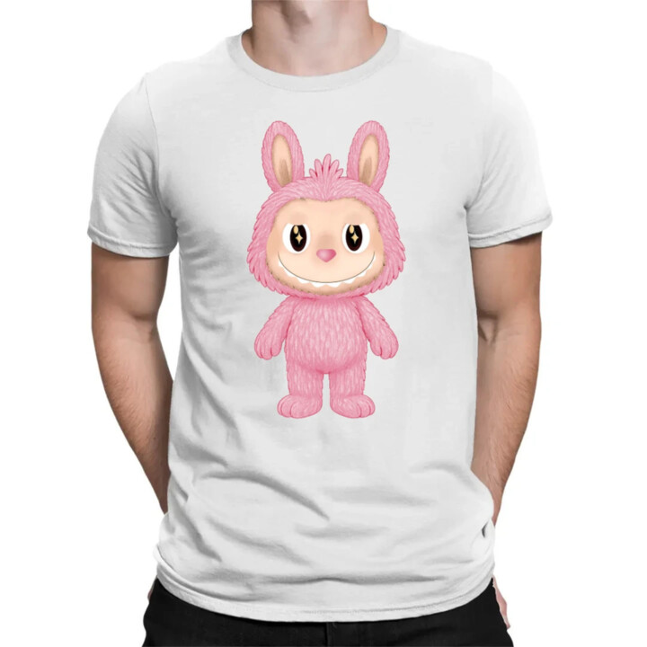 Plyšový Maskot Bubu Růžový - pánské tričko s potiskem pro fanoušky Labubu