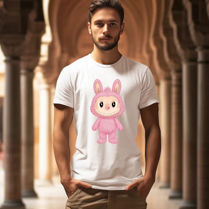 Plyšový Maskot Bubu Růžový - pánské tričko s potiskem pro fanoušky Labubu