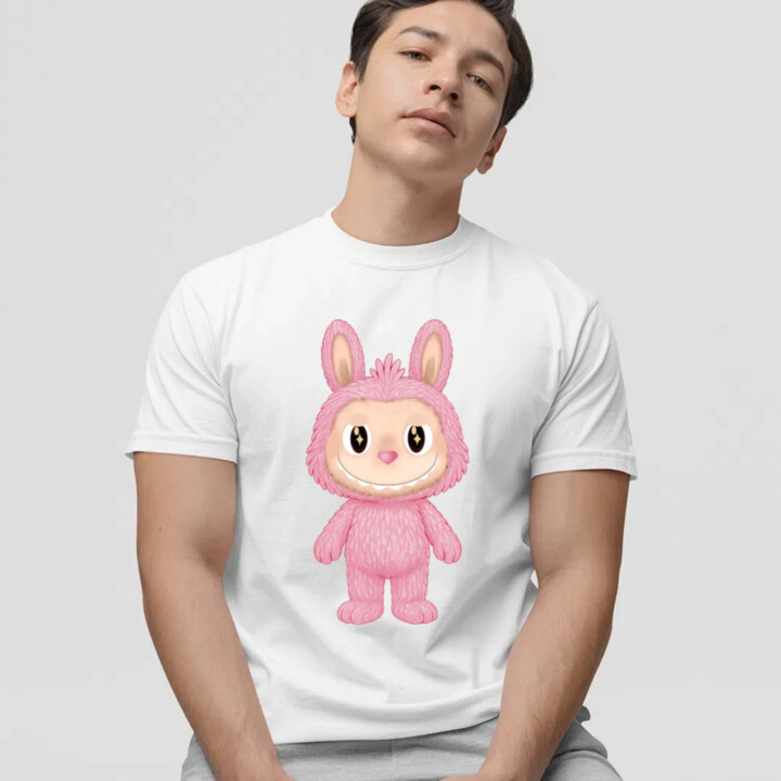 Plyšový Maskot Bubu Růžový - pánské tričko s potiskem pro fanoušky Labubu