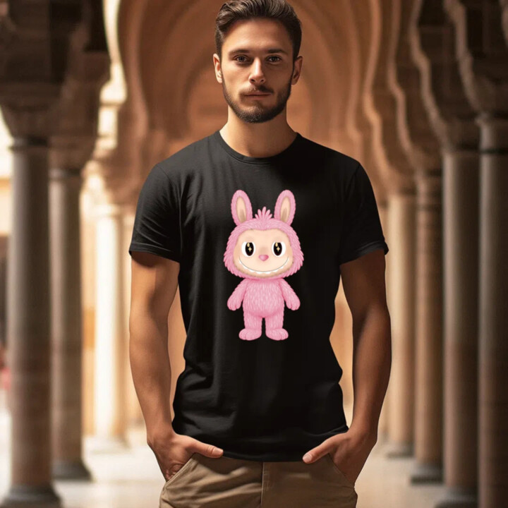 Plyšový Maskot Bubu Růžový - pánské tričko s potiskem pro fanoušky Labubu