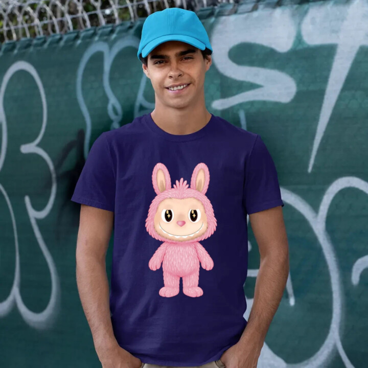 Plyšový Maskot Bubu Růžový - pánské tričko s potiskem pro fanoušky Labubu