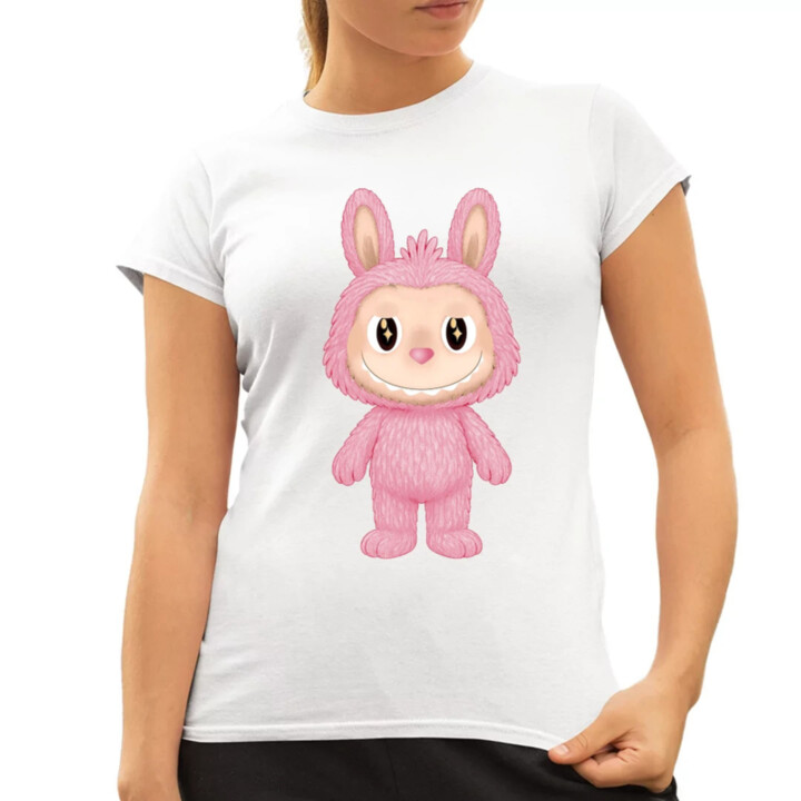 Plyšový Maskot Bubu Růžový  - dámské tričko s potiskem pro fanoušky Labubu