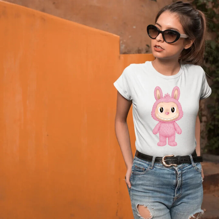 Plyšový Maskot Bubu Růžový  - dámské tričko s potiskem pro fanoušky Labubu