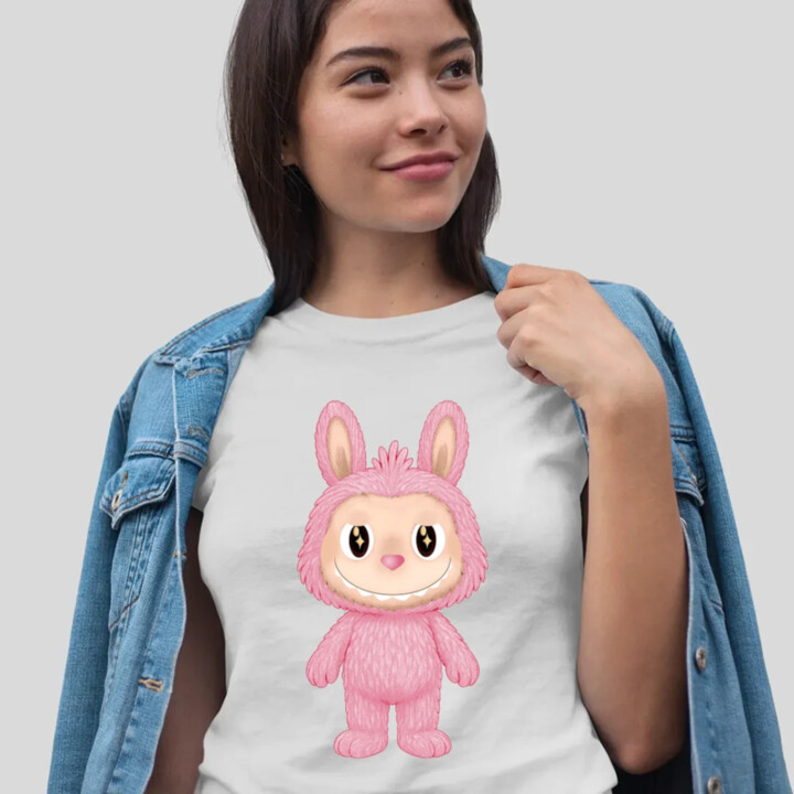 Plyšový Maskot Bubu Růžový  - dámské tričko s potiskem pro fanoušky Labubu
