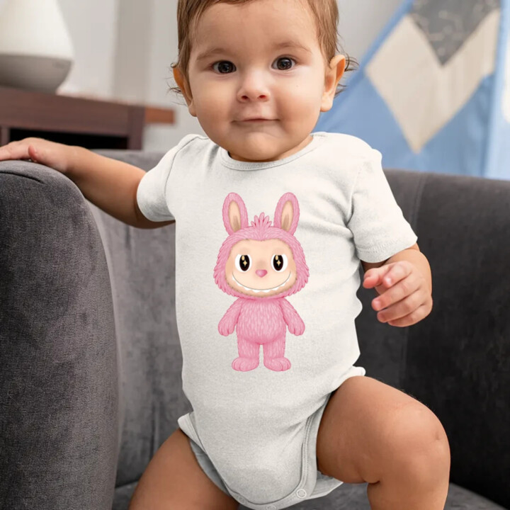 Plyšový Maskot Bubu Růžový - dětské body s potiskem pro fanoušky Labubu