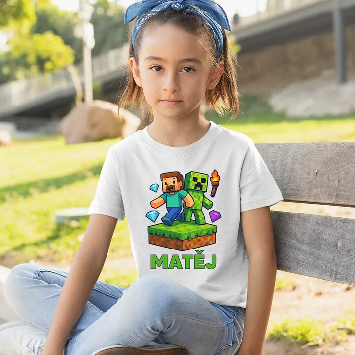 Steve - dětské tričko s potiskem pro fanoušky Minecraftu - personalizovaný produkt