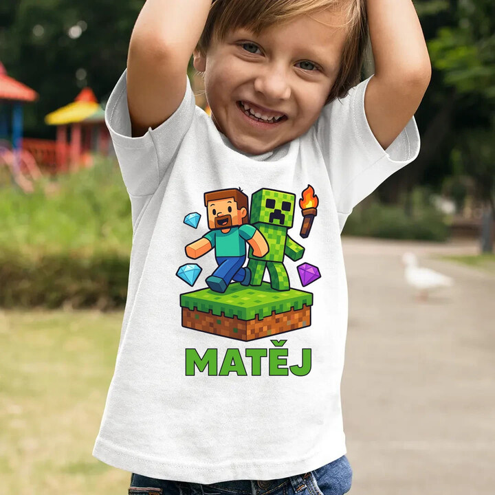 Steve - dětské tričko s potiskem pro fanoušky Minecraftu - personalizovaný produkt