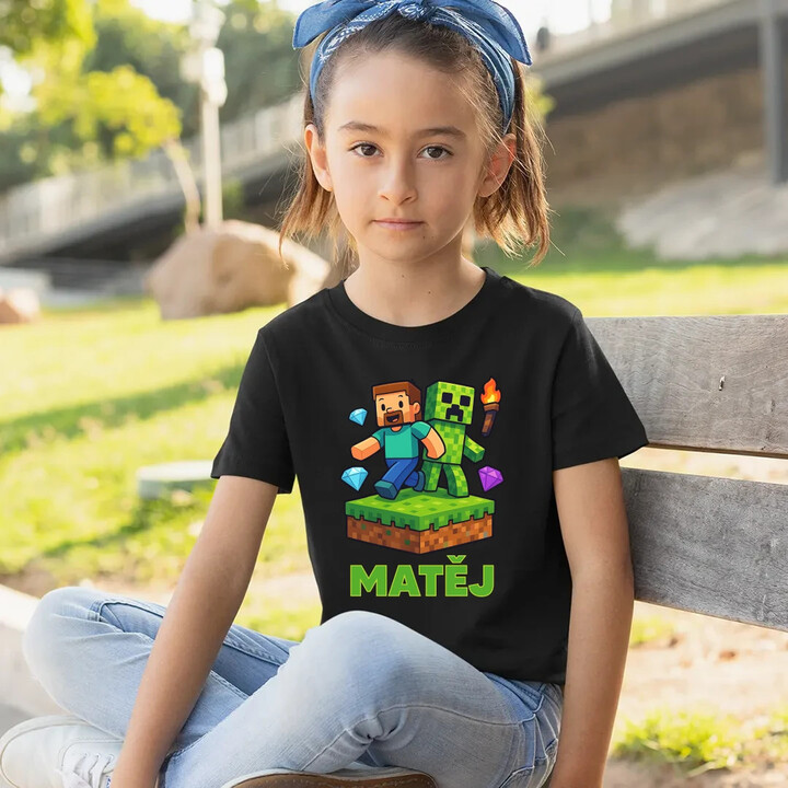 Steve - dětské tričko s potiskem pro fanoušky Minecraftu - personalizovaný produkt