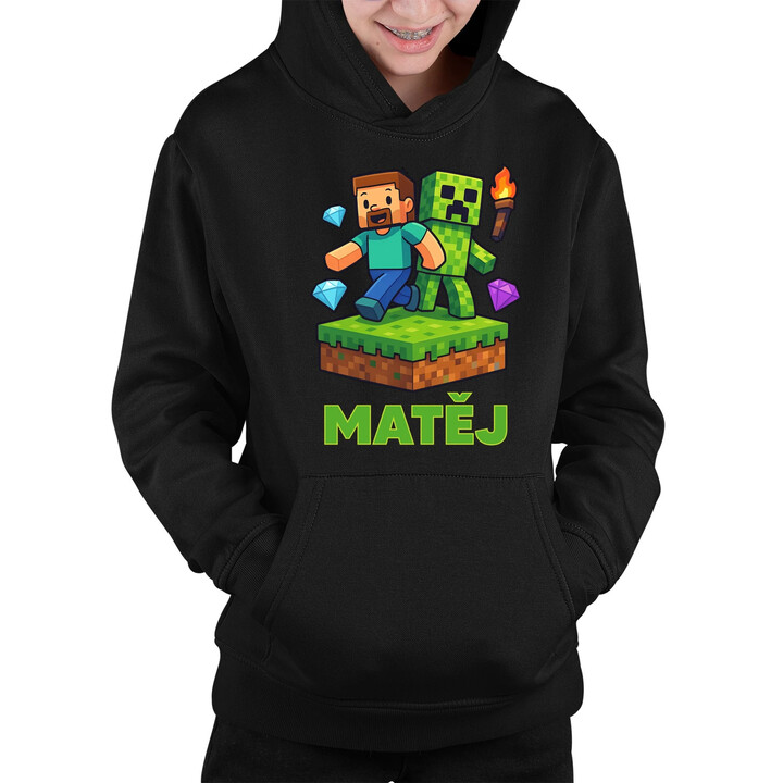 Steve - dětská mikina s kapucí pro fanoušky Minecraftu - personalizovaný produkt