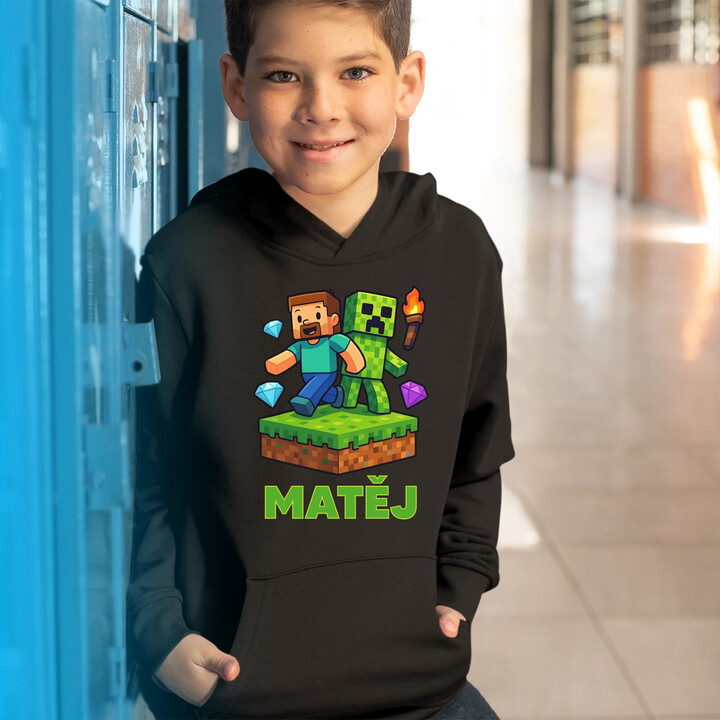 Steve - dětská mikina s kapucí pro fanoušky Minecraftu - personalizovaný produkt