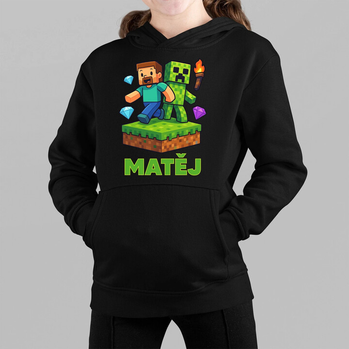 Steve - dětská mikina s kapucí pro fanoušky Minecraftu - personalizovaný produkt