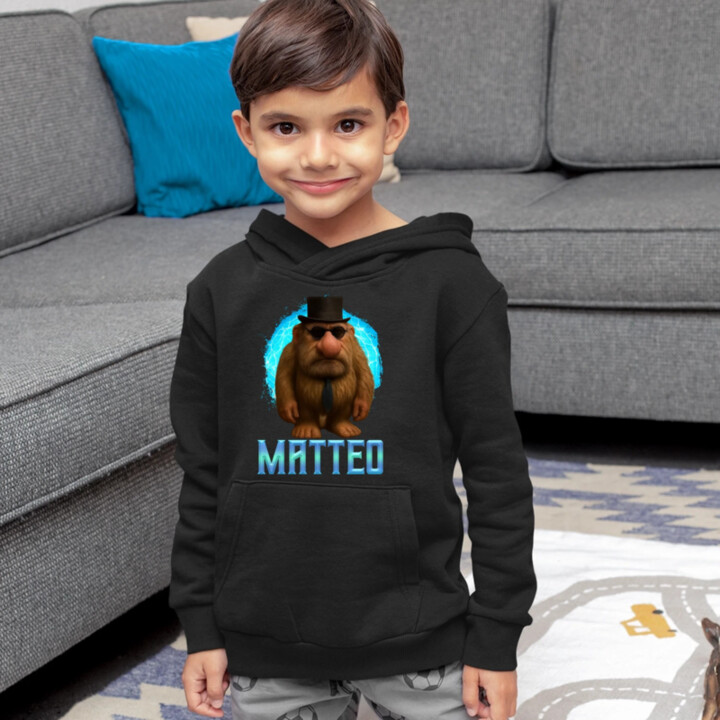 Matteo - Italian Brainrot - trpaslík s brýlemi - dětská mikina s kapucí MATTEOOOOOOOOOO