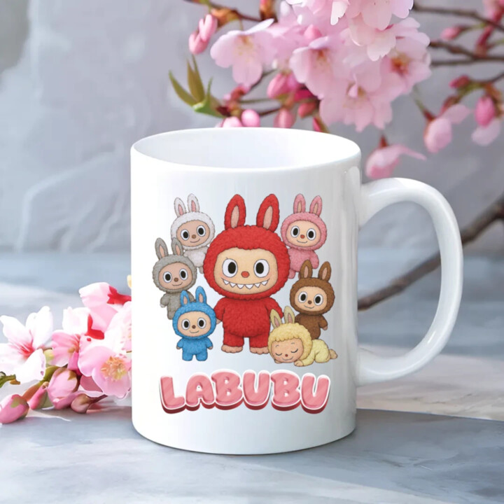 Panenky Bubu – skupina postav – dárek pro fanoušky Labubu - hrnek s potiskem