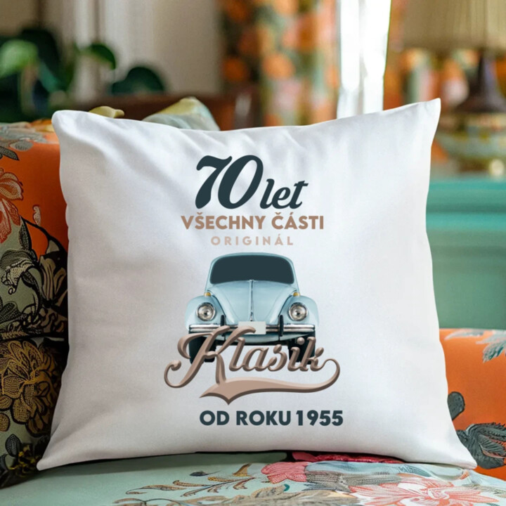 70 let - Všechny části originál - Klasik od roku 1955 - polštář s potiskem