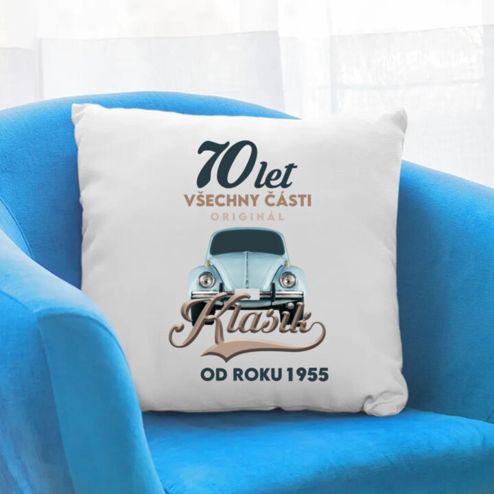 70 let - Všechny části originál - Klasik od roku 1955 - polštář s potiskem