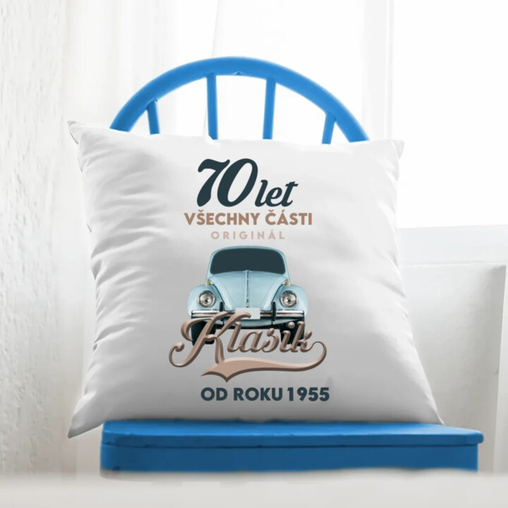70 let - Všechny části originál - Klasik od roku 1955 - polštář s potiskem