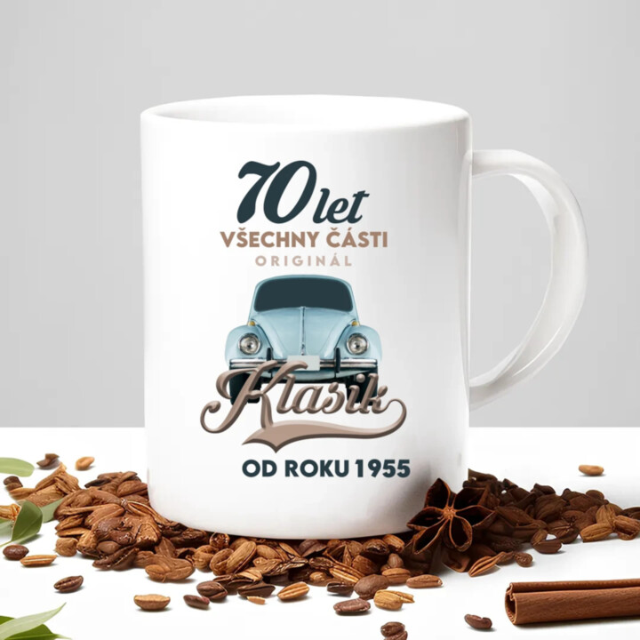 70 let - Všechny části originál - Klasik od roku 1955 - hrnek s potiskem