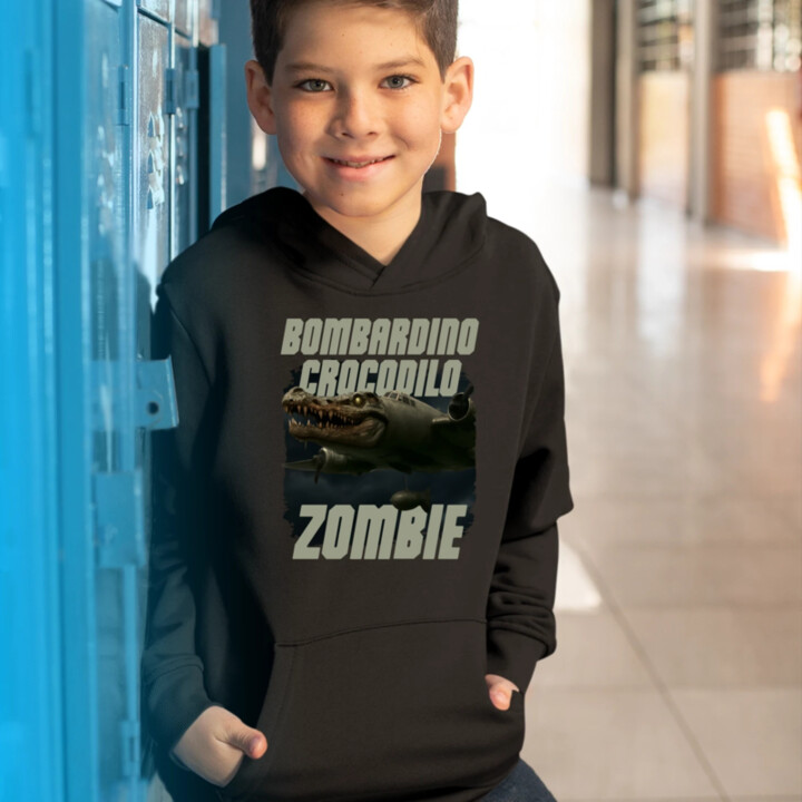 Bombardino Crocodilo zombie - krokodýl bombardér - Italian Brainrot - dětská mikina s kapucí