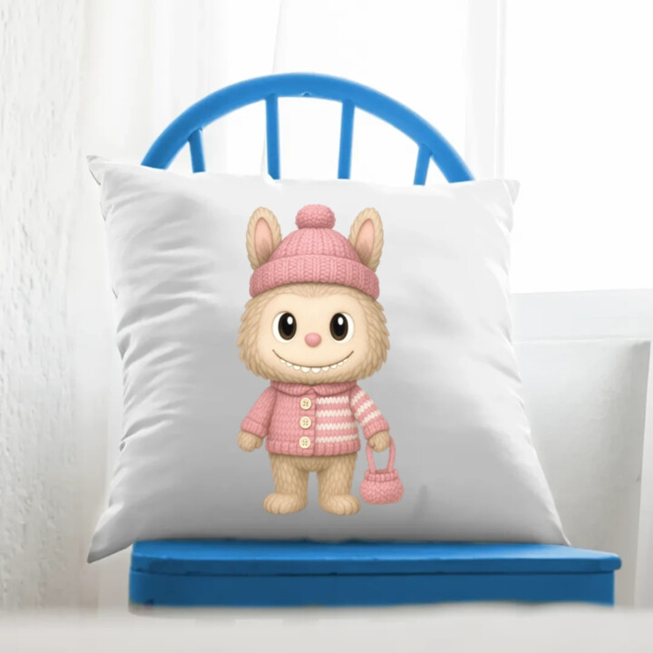 Panenka Bubu ve svetru - polštář s potiskem – dárek pro fanoušky Labubu