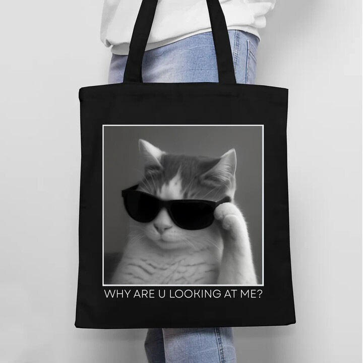 Why are u looking at me? - kočka v brýlích - taška s potiskem